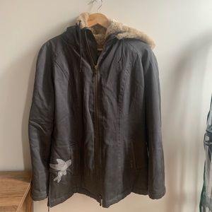 rare hemp hoodlamb vegan cruelty free women’s long parka with flying fish